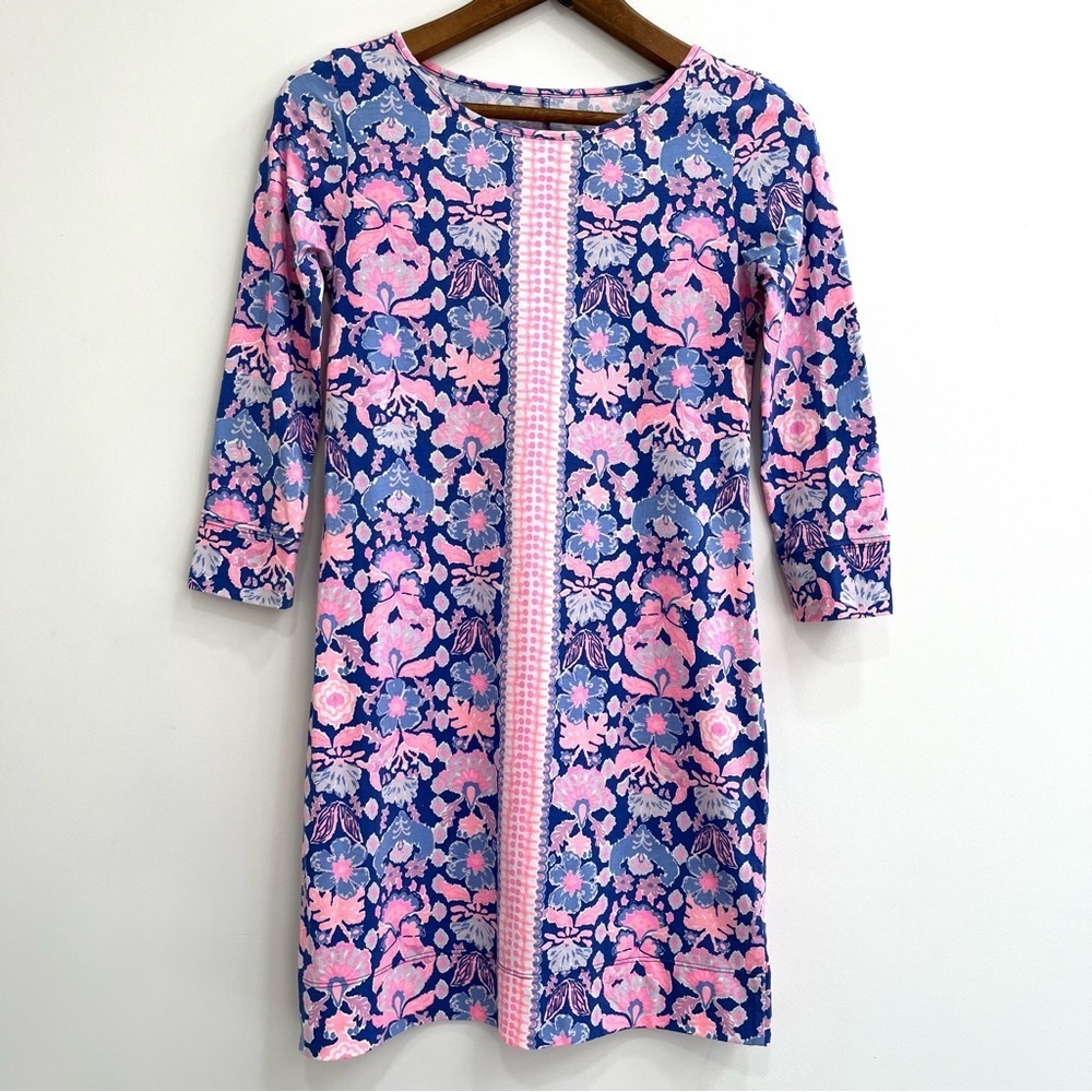 LILLY PULITZER pink blue floral Werk It Marlowe t-shirt dress 3/4 length sleeves